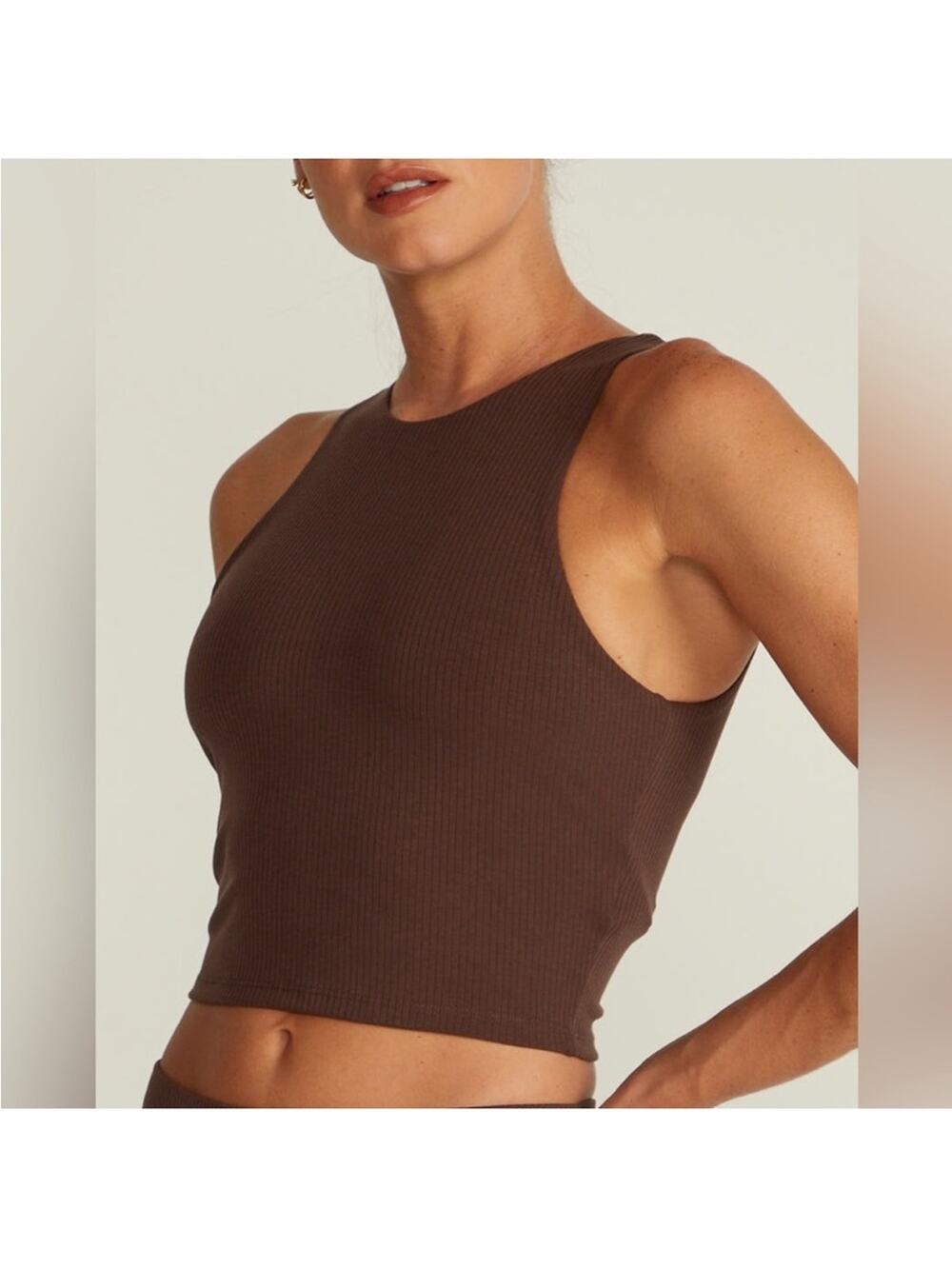 BYLT Basics Ribbed High Neck Crop Tank Sports Bra Top Padded Brown Size Small